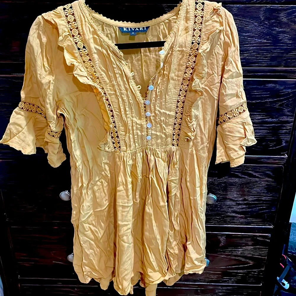 Kivari honey baby doll dress mustard, short sleeve, button front sz Medium - Picture 3 of 9